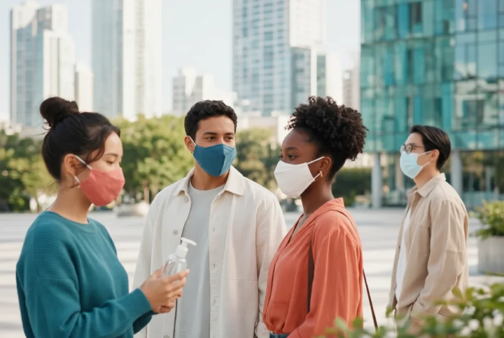 Diverse group of young adults wearing face masks outdoors, one using hand sanitizer in a modern city