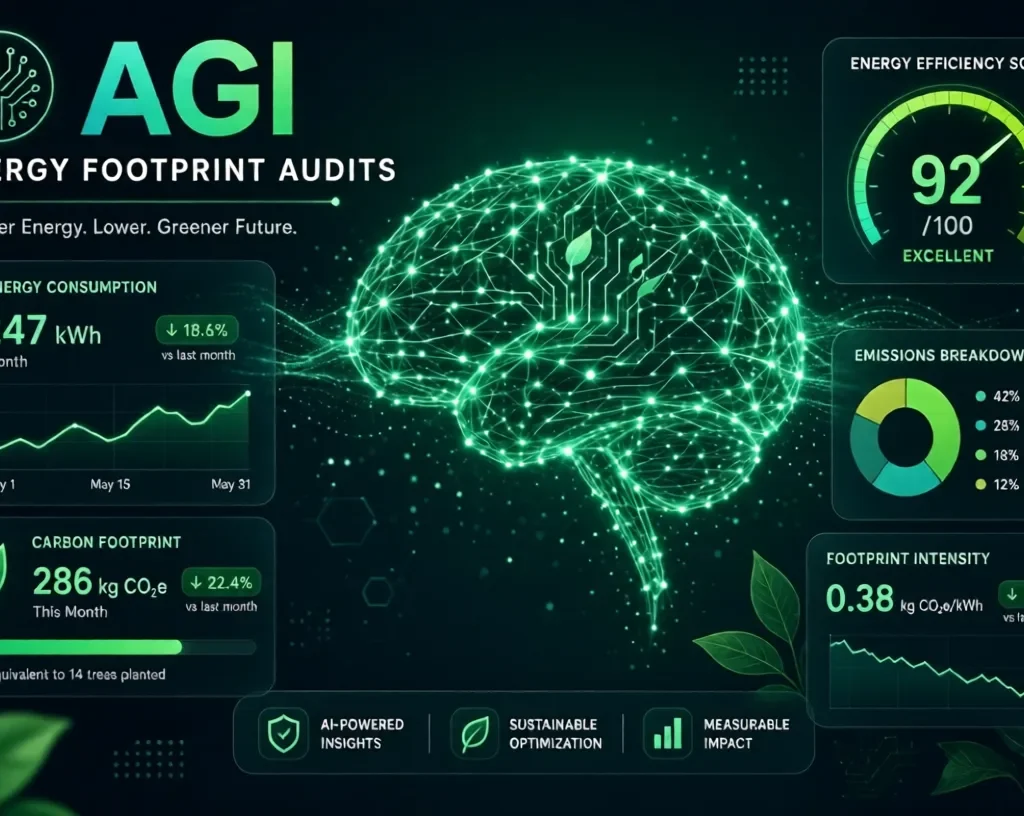 Green digital brain with energy meters and carbon footprint data for AGI Energy Footprint Audits