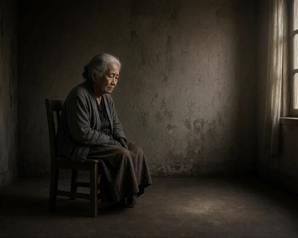 Abuse Of Old Persons:Elderly woman sitting alone in a dim, empty room looking sad