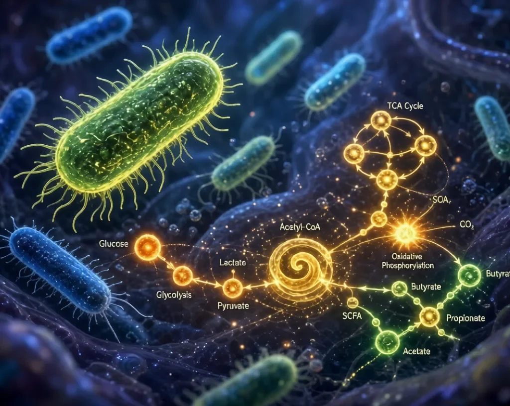 Gut Dysbiosis:Cinematic microscopic view of glowing green and blue intestinal bacteria interacting with golden metabolic pathways