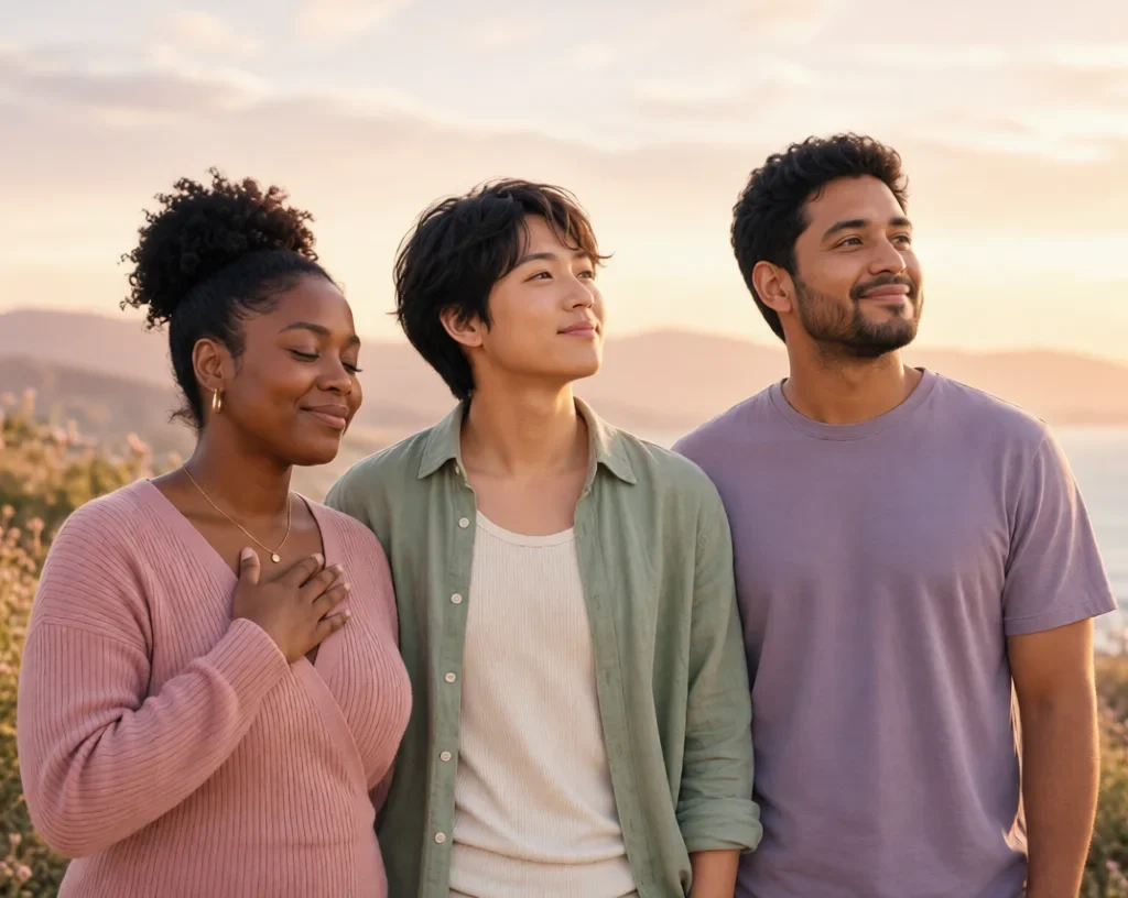 Eating Concerns and Body Image:Diverse young adults standing outdoors at sunset, one hand on heart, looking peaceful