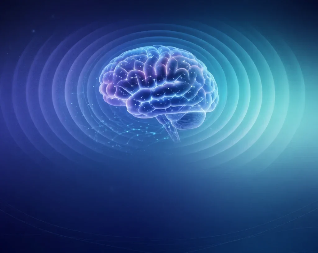 The Science Of 90-Second Brain Resets :Glowing blue brain with calm energy waves