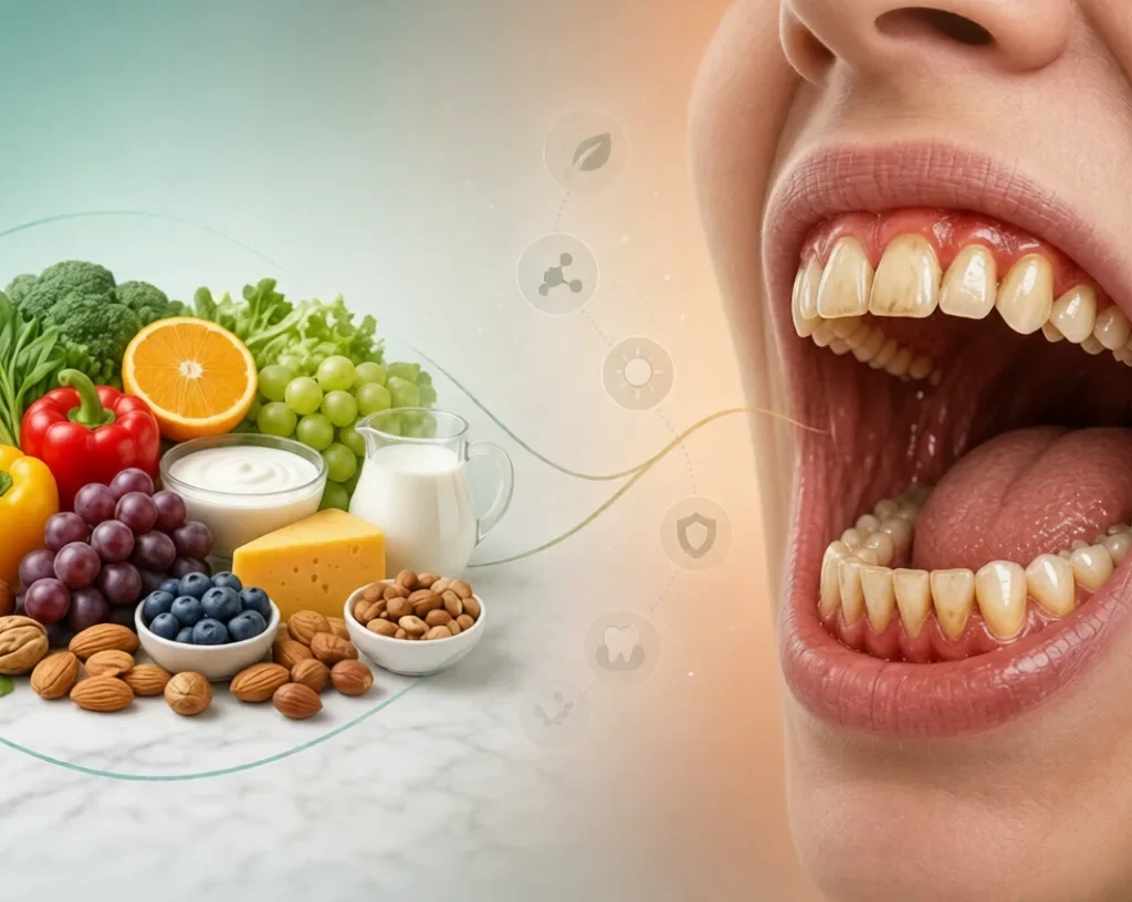 Nutritional and Oral Imbalances:Fresh fruits, vegetables, dairy and nuts linked to a close-up of teeth and gums showing oral imbalance