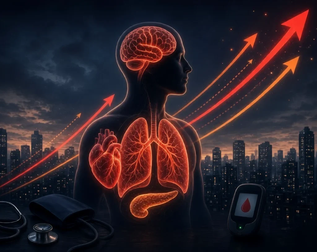 Rising Non-Communicable Diseases – Glowing human silhouette highlighting heart, lungs, brain and pancreas with rising red arrows against city skyline