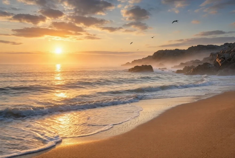 Golden sunset beach with gentle waves and seabirds