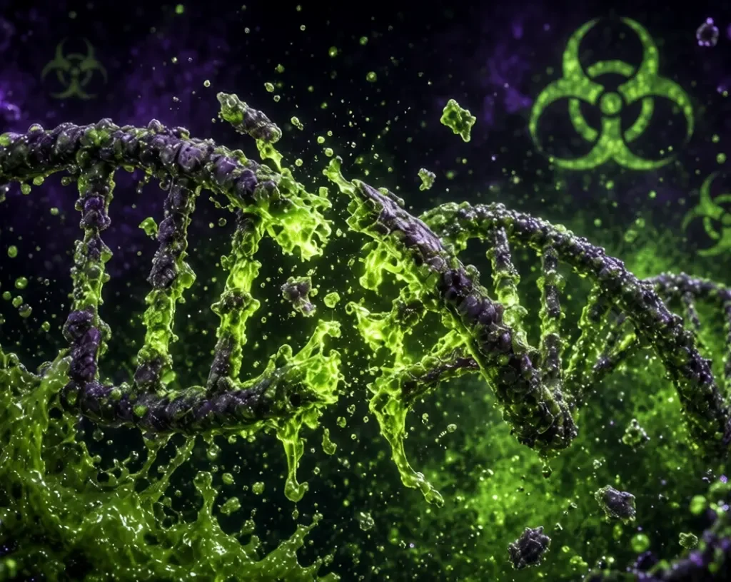 Toxic DNA Damage:Damaged DNA double helix exploding with toxic green slime and biohazard symbols