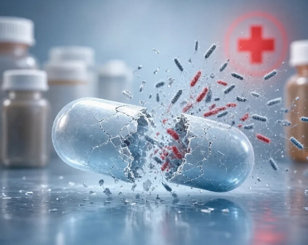 Overuse of Powerful Antibiotics:Cracked antibiotic capsule releasing resistant bacteria