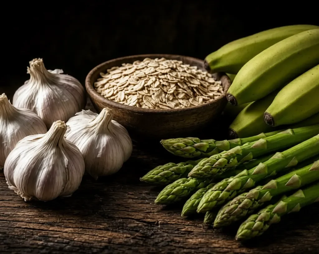 Prebiotics:Macro shot of garlic, oats bowl, green bananas and asparagus on dark wooden table