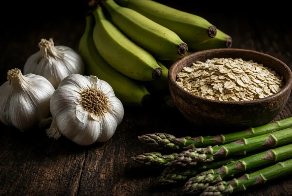 Macro shot of garlic bulbs, green bananas, oats bowl and asparagus on dark wood