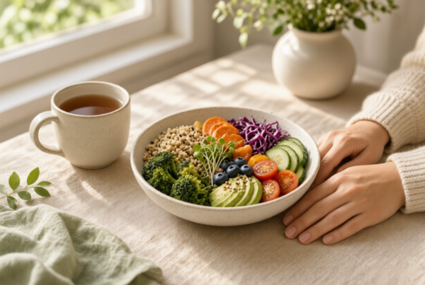 Colorful balanced bowl of whole foods with tea and calm hands nearby