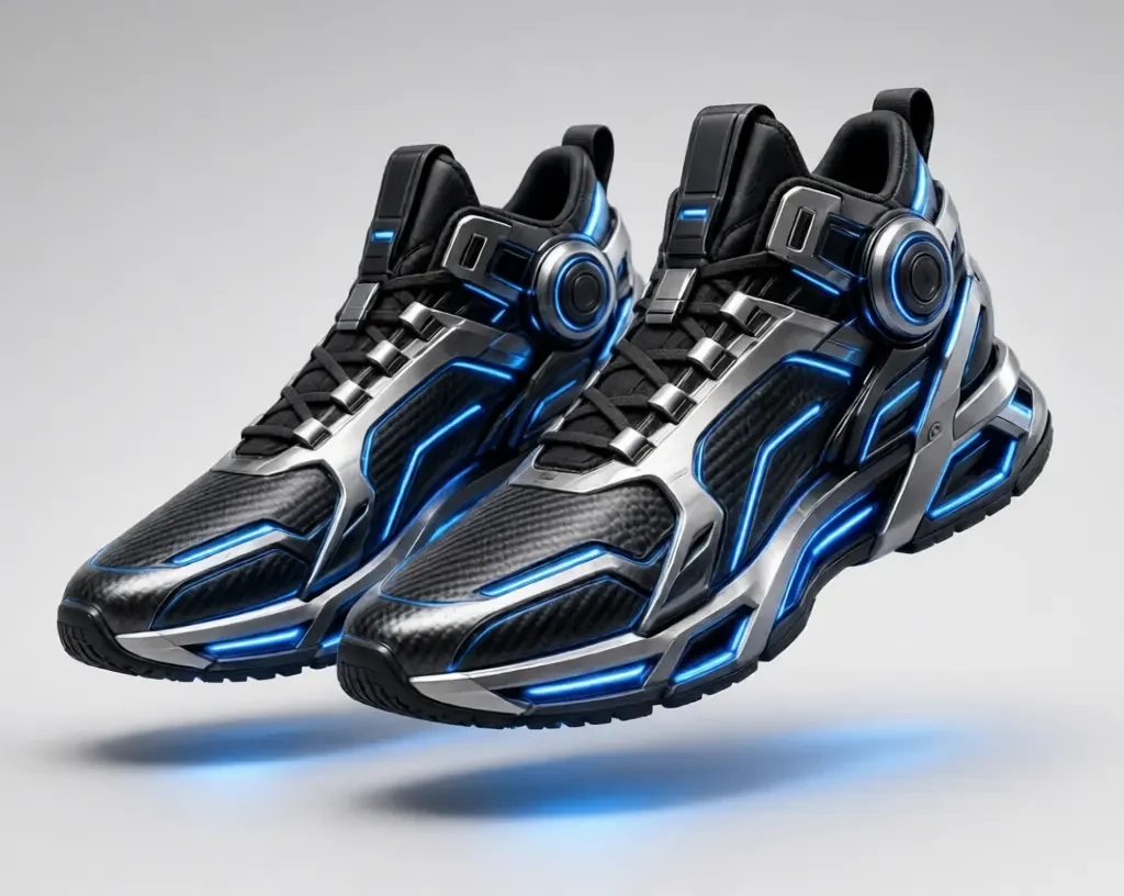 Pair of futuristic black and silver Robotic Walking Sheos with glowing blue LED circuits