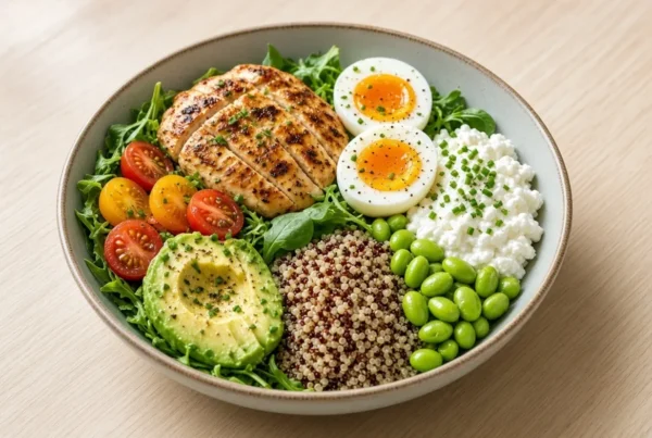 High-protein meal bowl with grilled chicken, eggs, cottage cheese, quinoa and veggies
