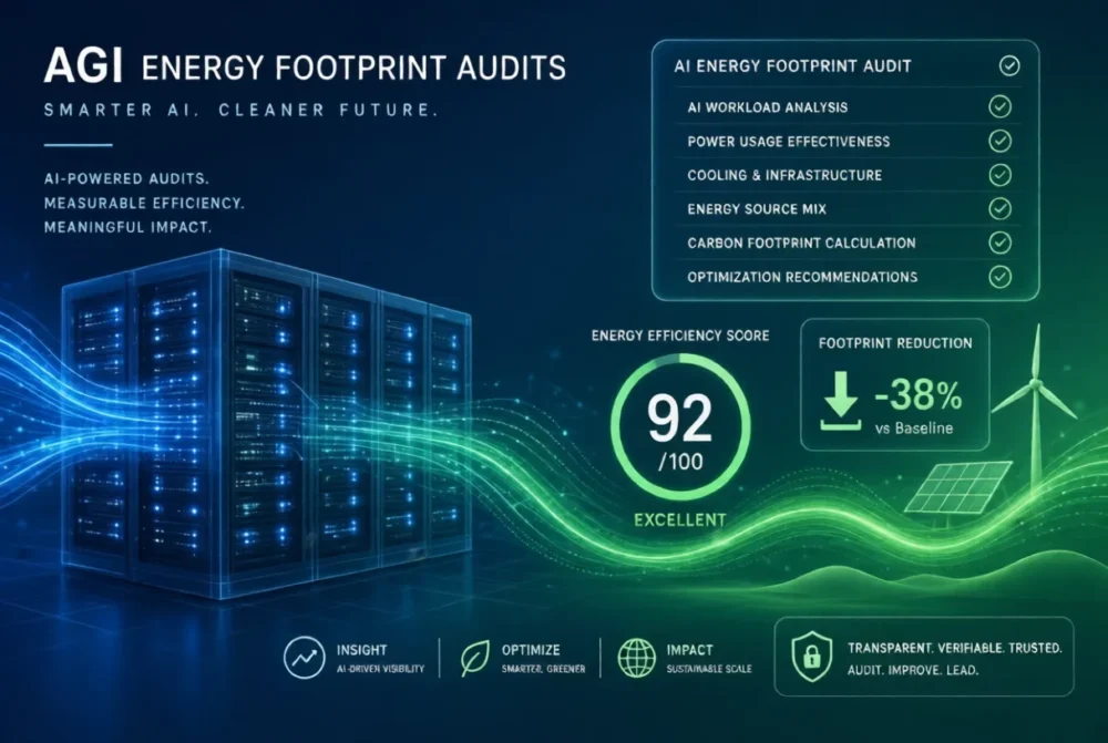 AI server farm with energy waves, efficiency score, and renewable energy icons for AGI audits