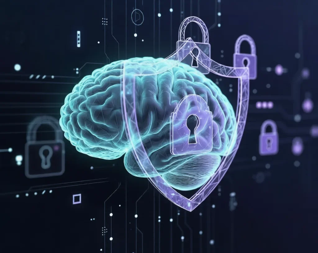 Neuro Privacy:Glowing brain protected by digital privacy shield and locks