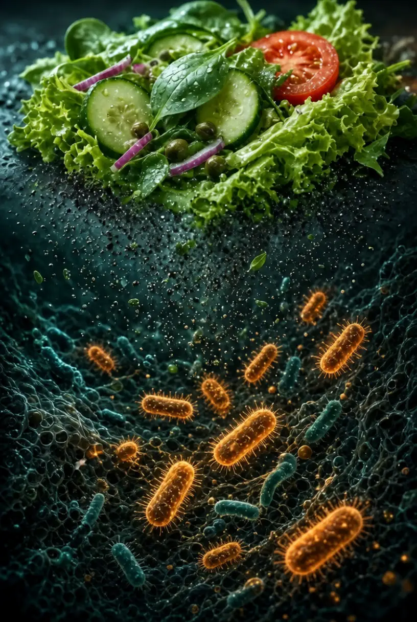 Fresh salad transforming into glowing E. coli bacteria