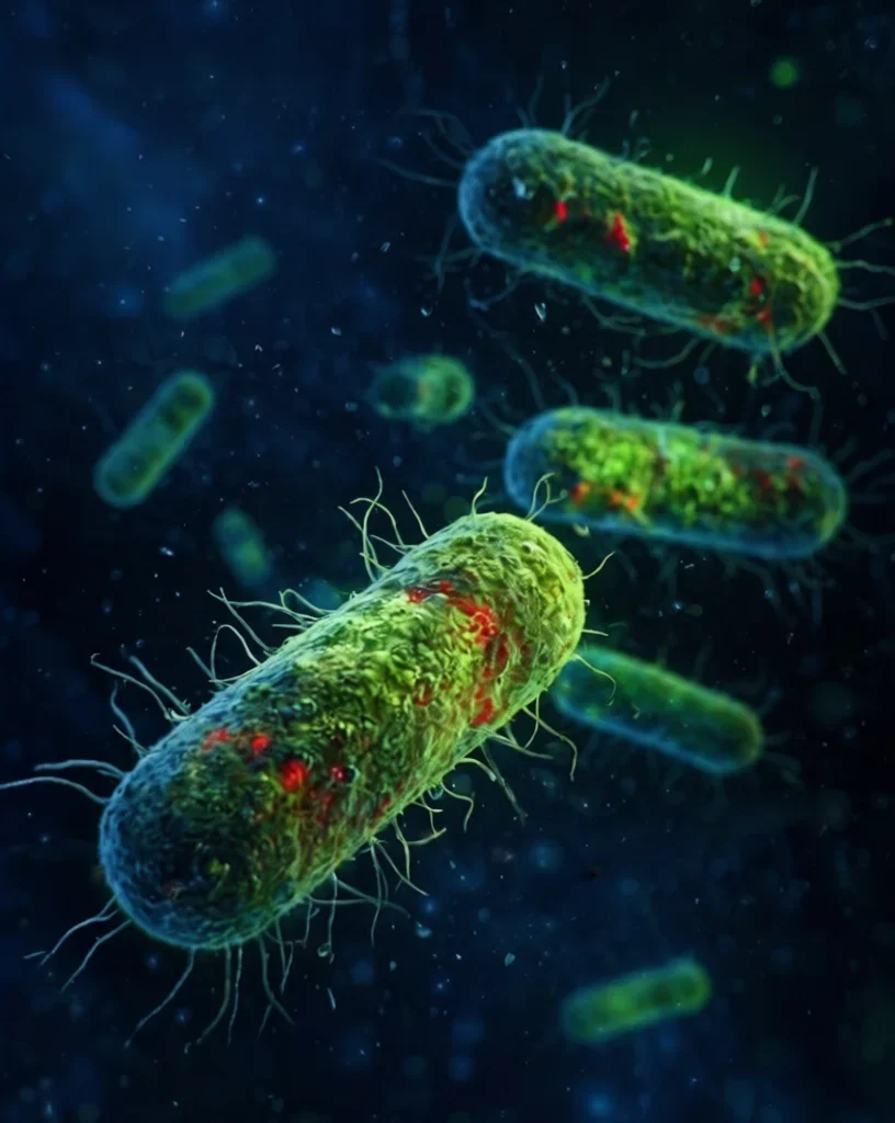 Escherichia Coli:Close-up of glowing green E. coli bacteria in dark blue liquid