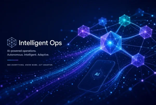 Abstract AI network with glowing nodes and smartphone showing Intelligent Ops AI logo