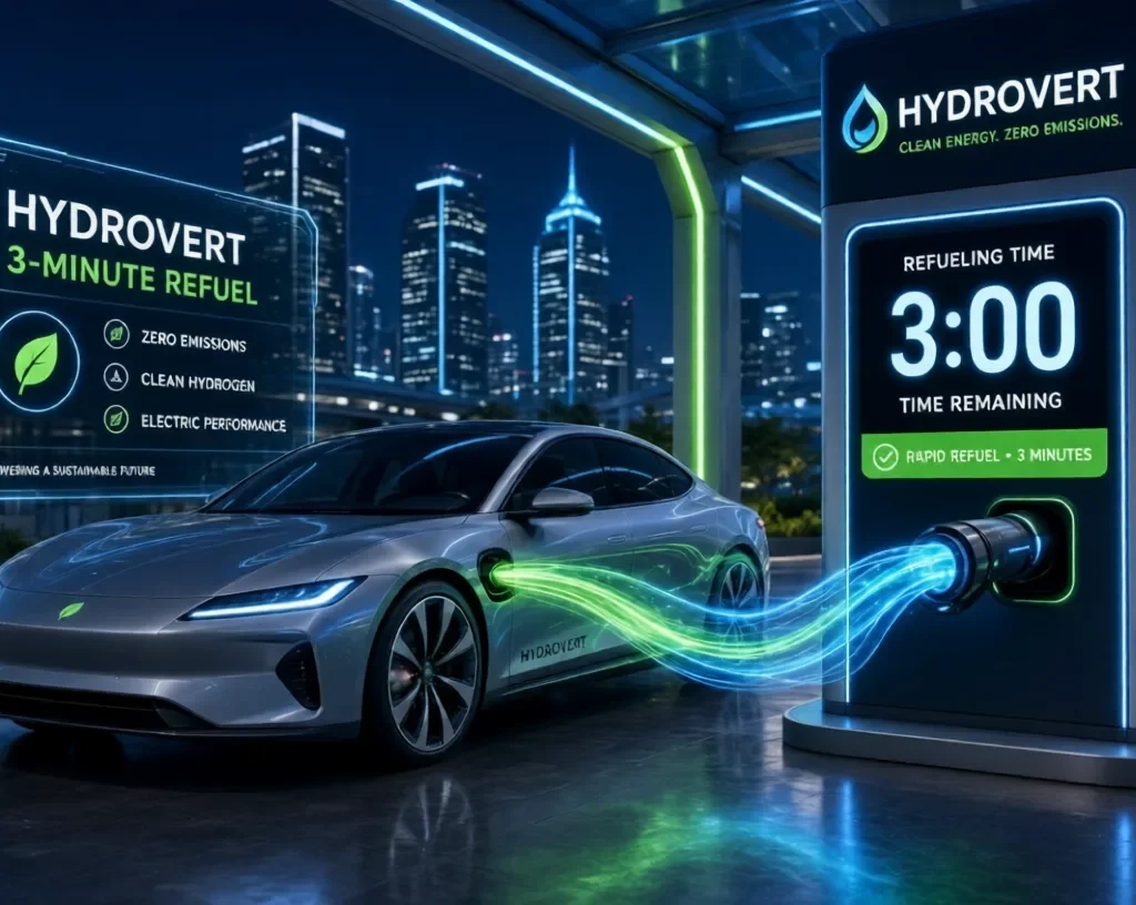 Futuristic Hydrovert car refueling in 3 minutes at a glowing hydrogen station