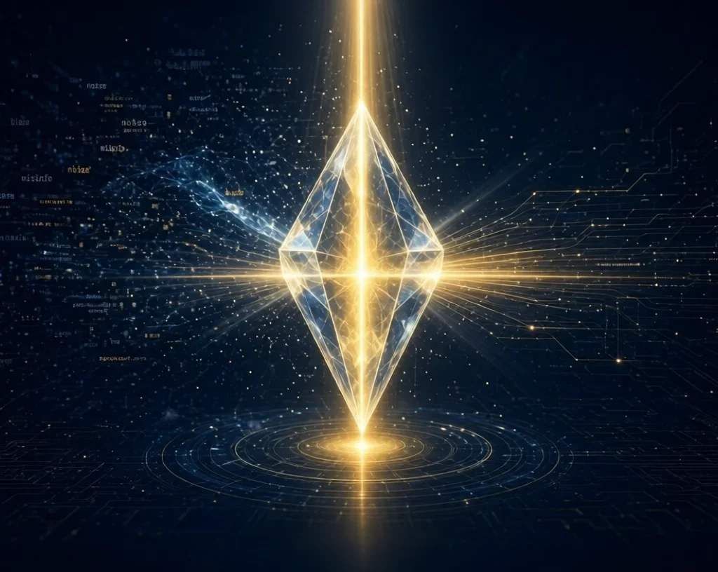 Year of Truth for AI – Glowing crystalline diamond prism in a dark digital landscape focusing pure golden light beams that purify floating noise, bias, and misinformation particles into clear truth rays, surrounded by circuit patterns
