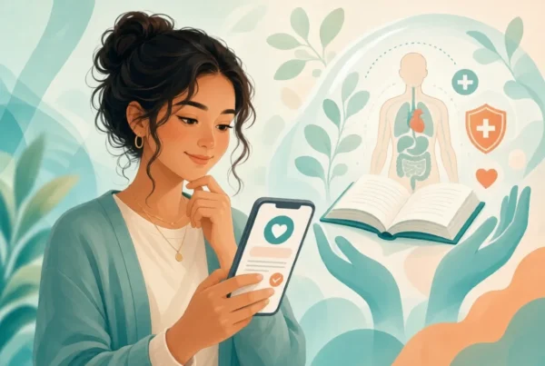Woman reviewing health info on phone with anatomy guide