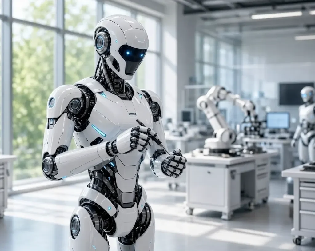 White humanoid /physical robotics with blue LED joints holding a tool in a bright robotics lab