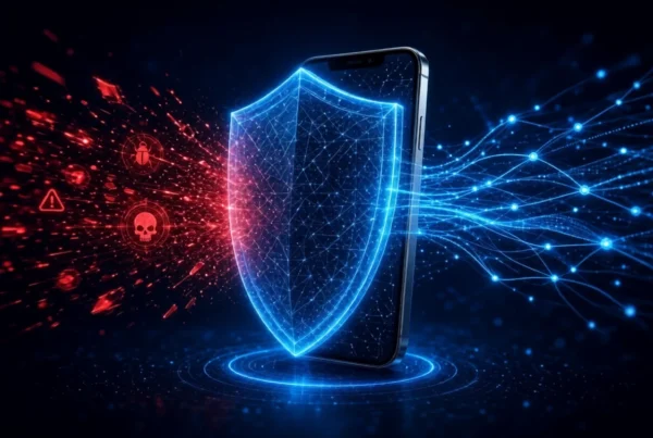 martphone protected by blue energy shield blocking red malware and threat icons