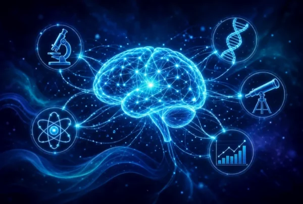 Neural AI brain linked to science icons