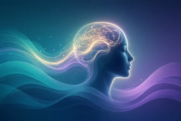 Glowing head silhouette with neural waves in teal and purple