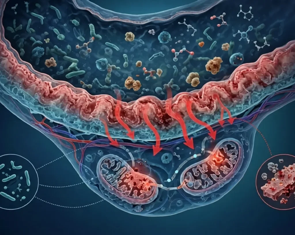 Cross-section of inflamed gut with sparse bacteria, red absorption arrows, and damaged mitochondria showing metabolic inefficiency