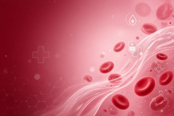 Abstract medical illustration of red blood cells flowing through a soft pink-red gradient with medical cross icons, blood bag symbol, and molecular patterns representing blood products and transfusion science