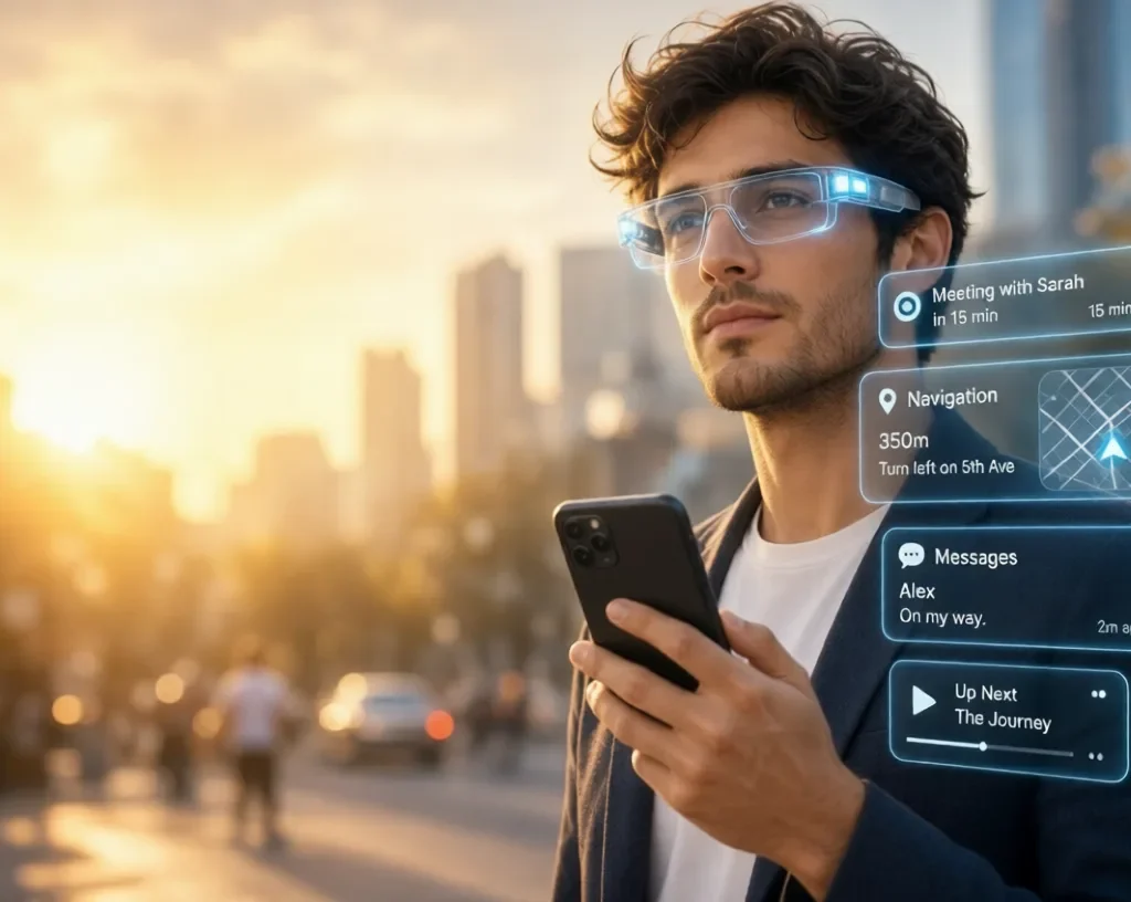 Man wearing smart glasses with AR notifications in city at sunset