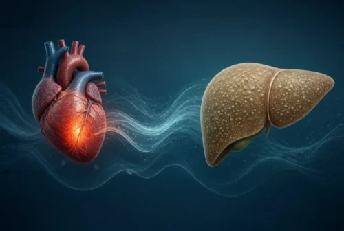 Glowing inflamed heart linked to fatty liver by flowing waves