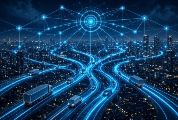 Connected trucks and vans on glowing highways under AI orchestration network at night