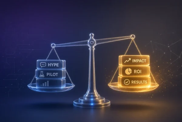 Transparent digital balance scale with blue glowing blocks labeled Hype and Pilot on the lighter left side, outweighed by golden glowing blocks labeled Impact, ROI, and Results on the heavier right side, set against a dark tech background