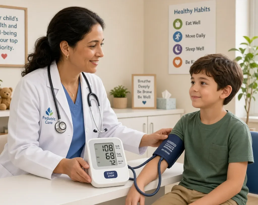 Hypertension in child:Pediatrician checking blood pressure of smiling young boy in clinic