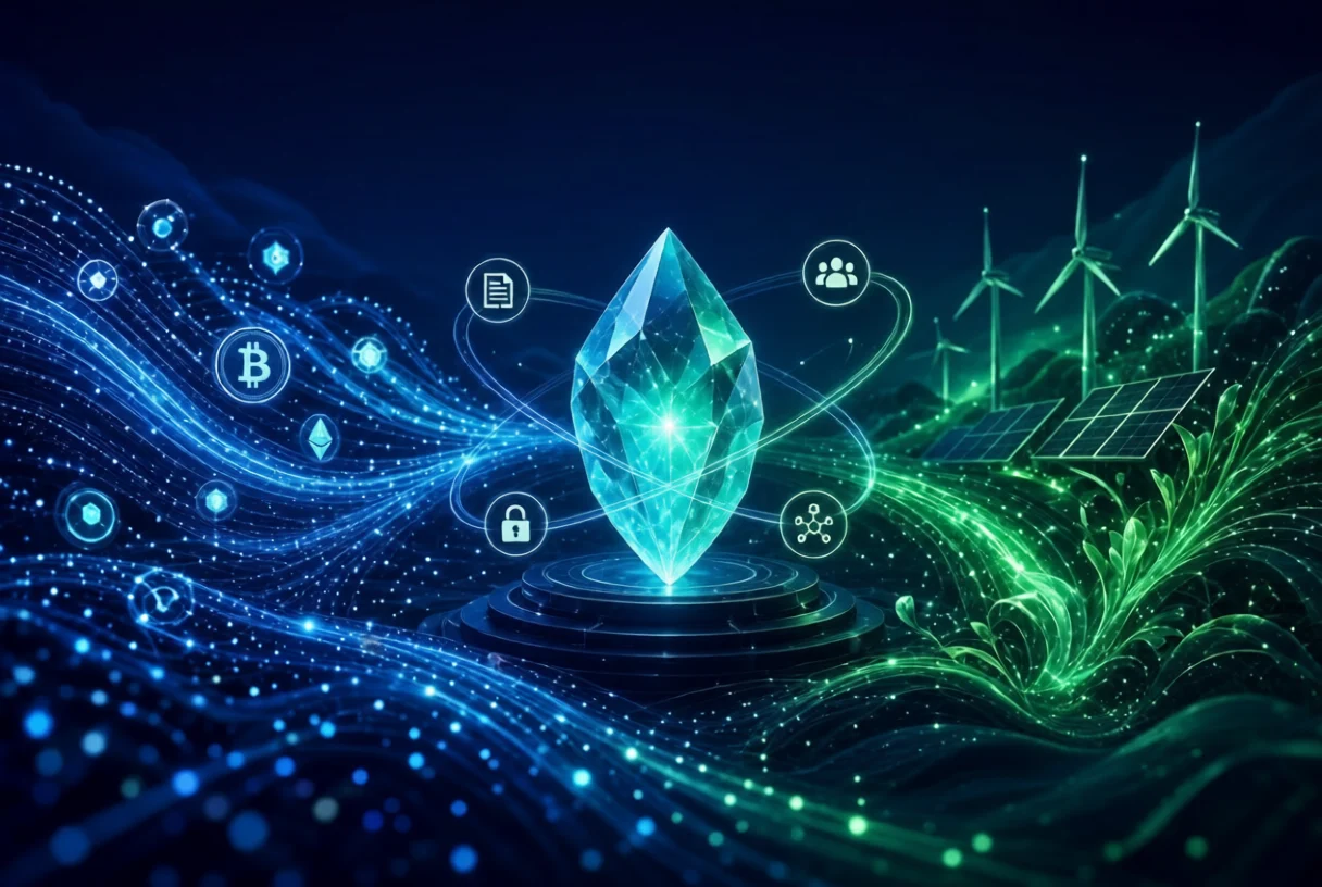 Glowing crystal core of DeFi 2.0 surrounded by crypto icons and renewable energy elements