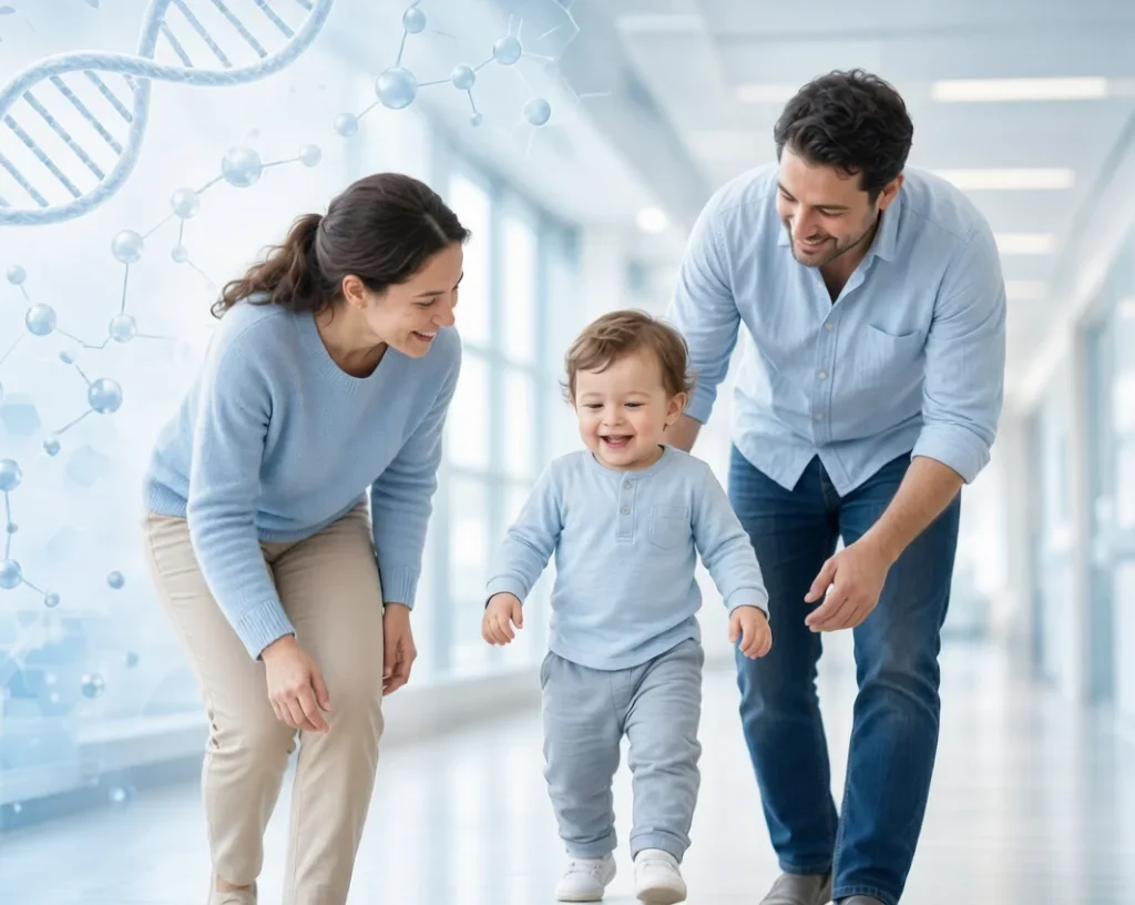 Zolgensma help:Smiling toddler walking with parents in bright hospital hallway, DNA helix graphics
