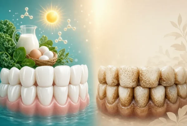 Split view of healthy teeth with nutrients versus teeth affected by nutritional hypomineralization