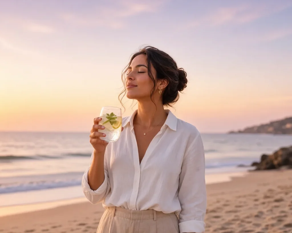 Woman on beach at sunset holding lemon-mint sparkling water
: Sober Curious Transitions – Peaceful Sunset Moment