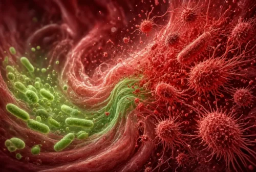Gut microbiome disruption with green healthy bacteria being overtaken by red pathogens