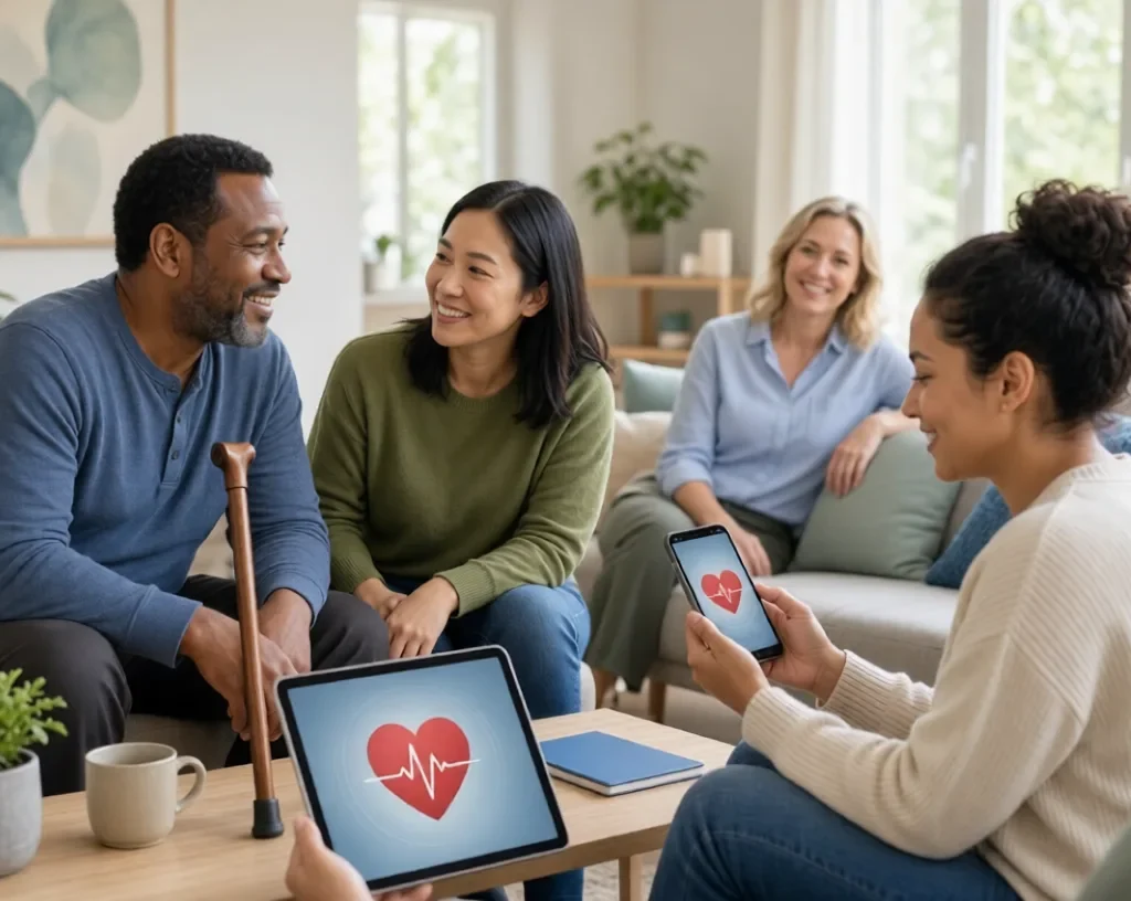 Chronic Physical Illnesses:Diverse adults smiling in living room, one with cane, checking heart health apps