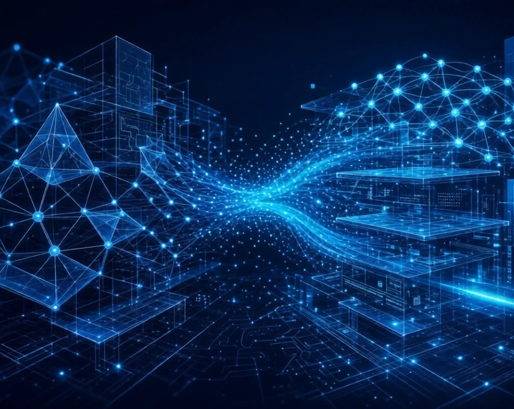 Glowing blue enterprise architecture networks transforming into intelligent operations 