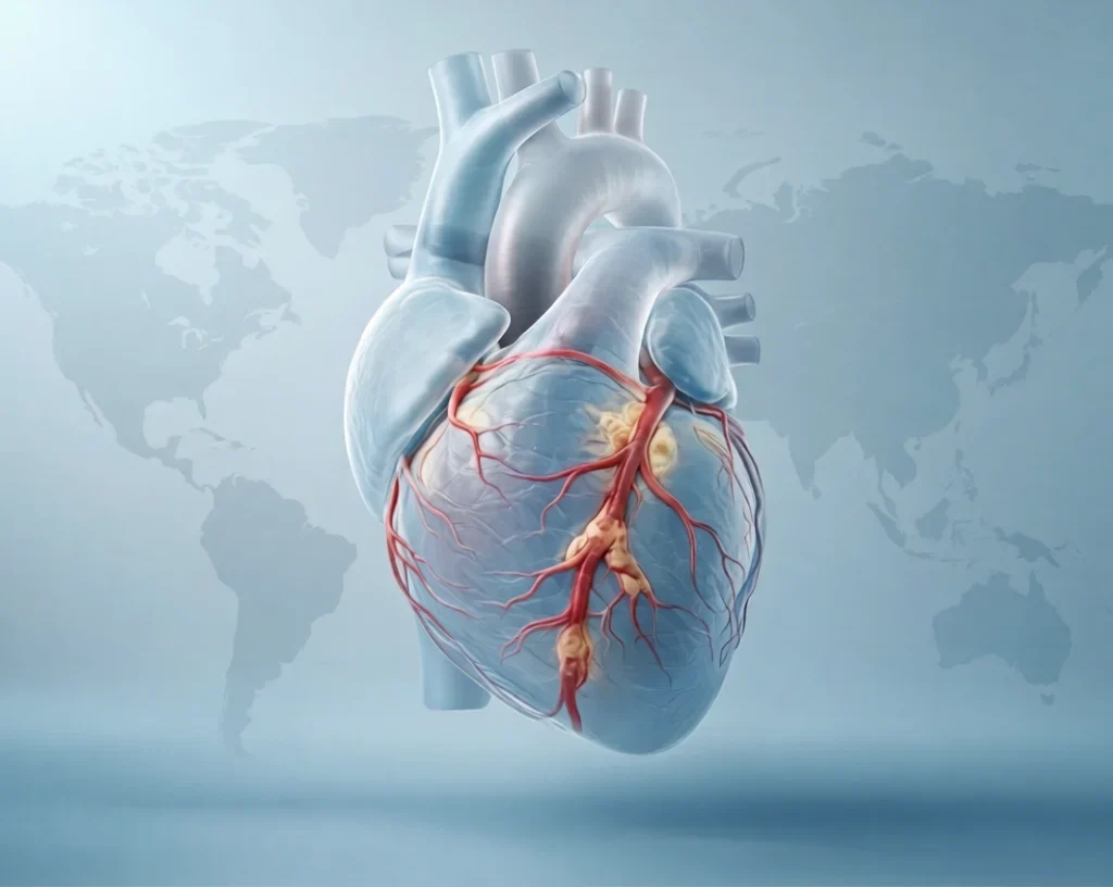 Anatomical heart showing coronary arteries and ischaemic heart disease with world map background