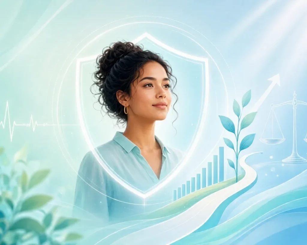 Preventive Focus:Confident woman with glowing protective shield, heartbeat line, growth chart and balanced scales