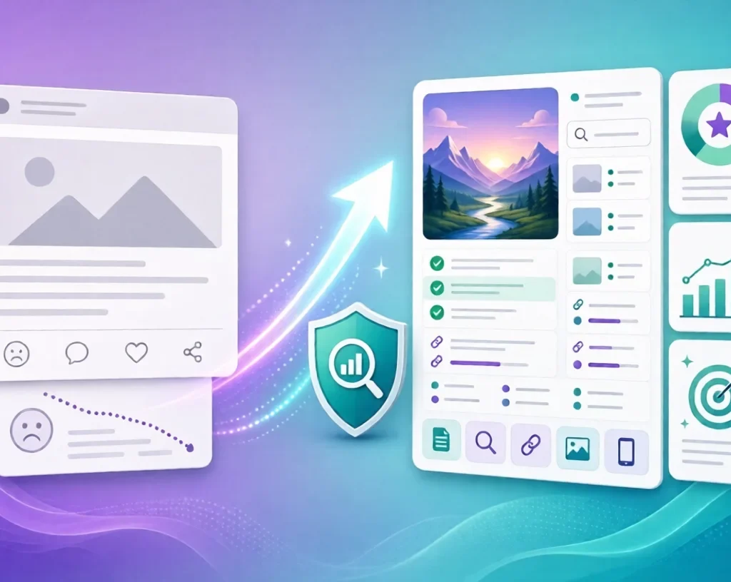 SEO Mistakes:Smartphone showing SEO-optimized blog content with AI tools and growth charts