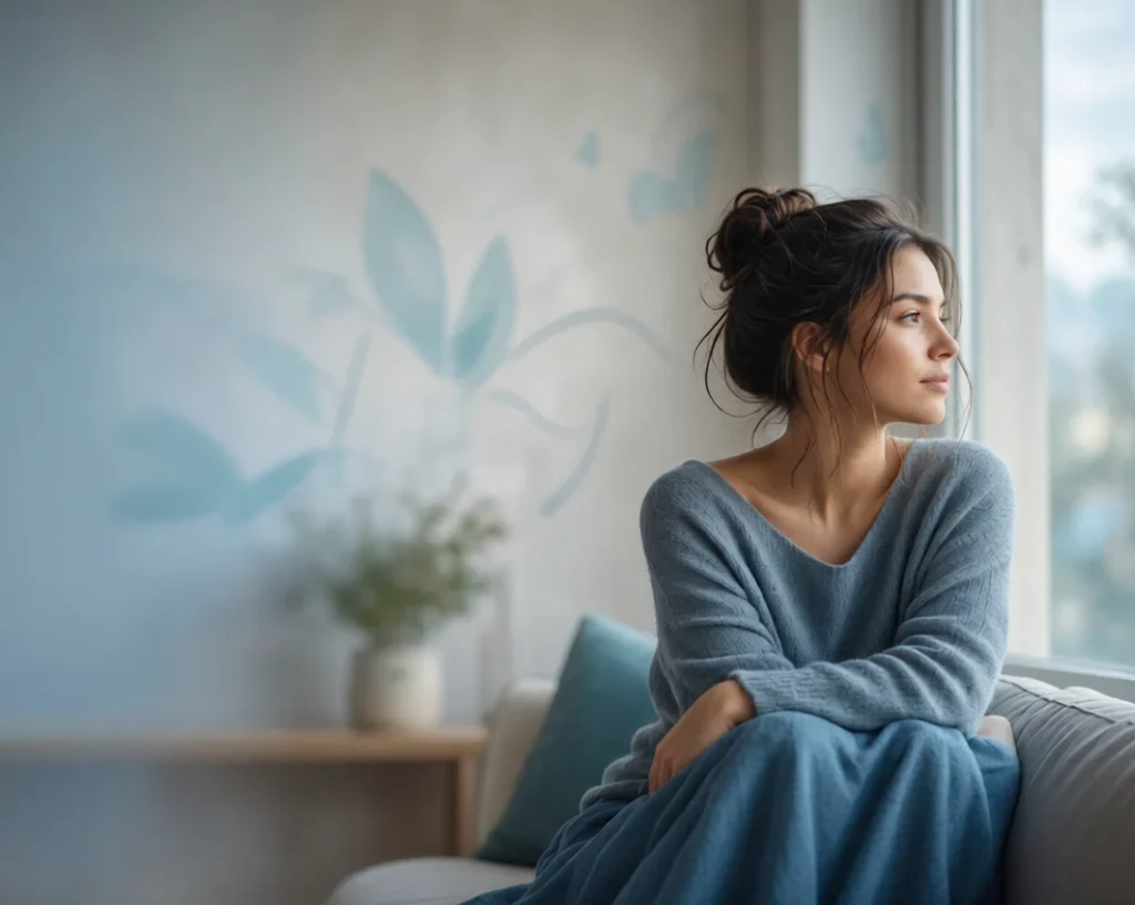 Abortion:Young woman sitting thoughtfully by a large window in soft natural light, wearing a cozy blue sweater, looking calmly into the distance