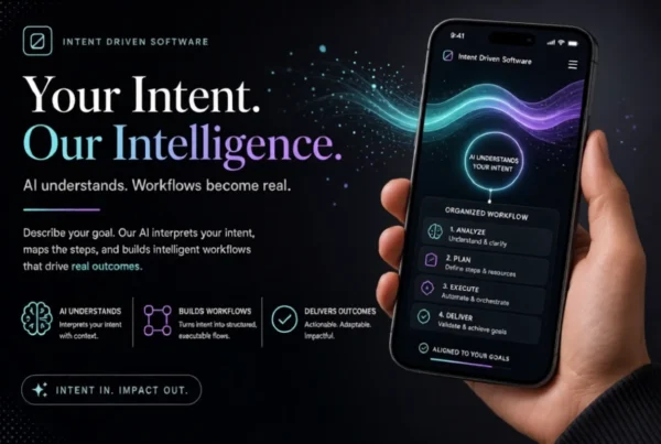 Hand holding phone with Intent Driven Software AI workflow screen