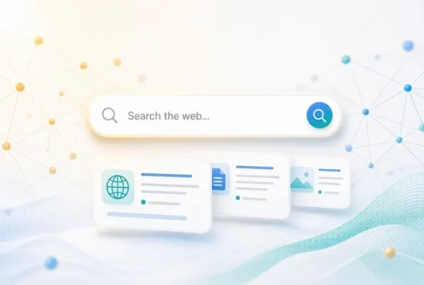 Glowing search bar with floating web result cards