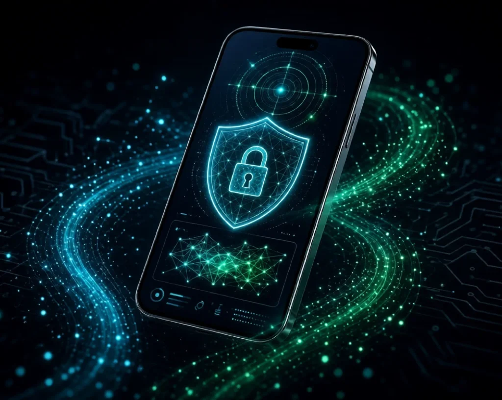 Preemptive Cybersecurity:Smartphone with glowing cyan shield and lock icon, surrounded by blue-green digital particles