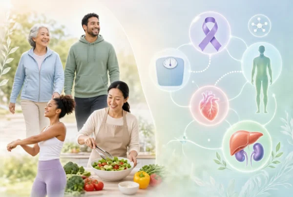 Diverse healthy people with icons for weight, heart, liver, and body health